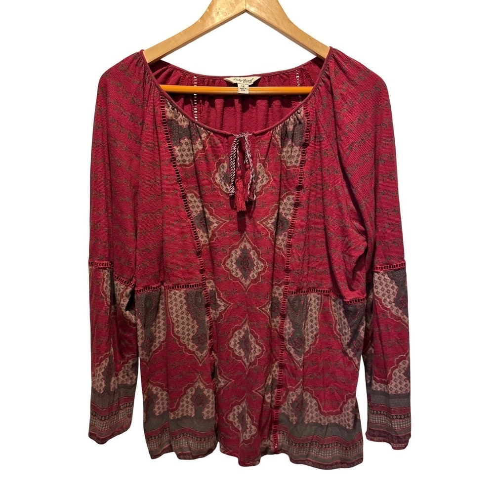 Lucky Brand Paceasant Top Women 1X Burgundy Medallion Print Tassel Lace Blouse - Picture 2 of 14